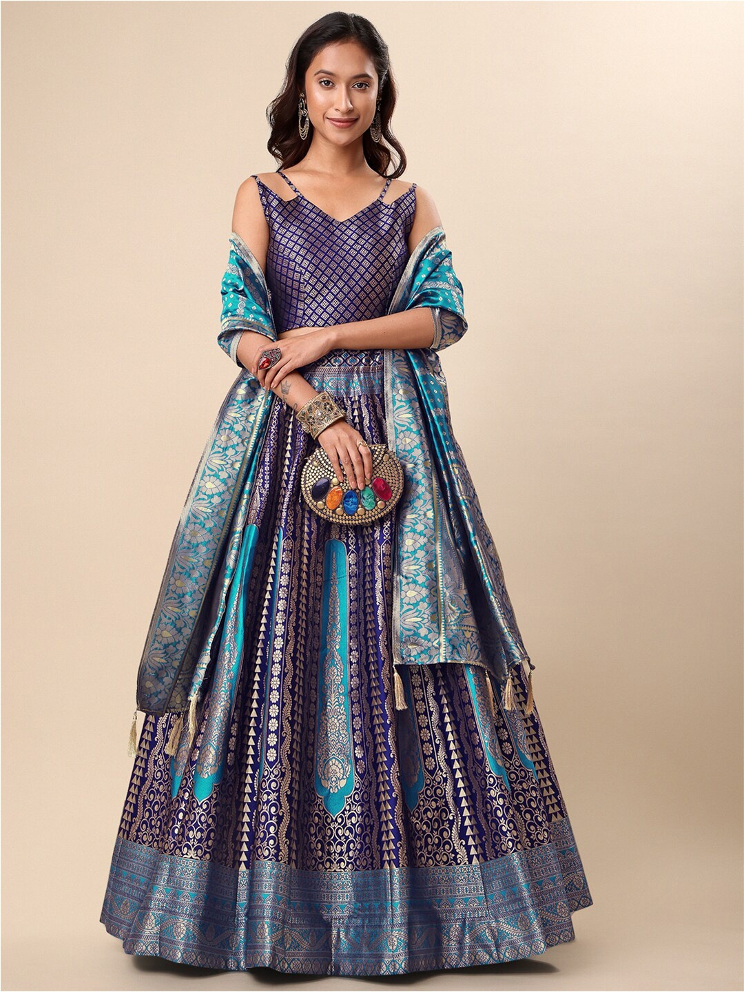 

PURVAJA Ready to Wear Lehenga & Unstitched Blouse With Dupatta, Navy blue