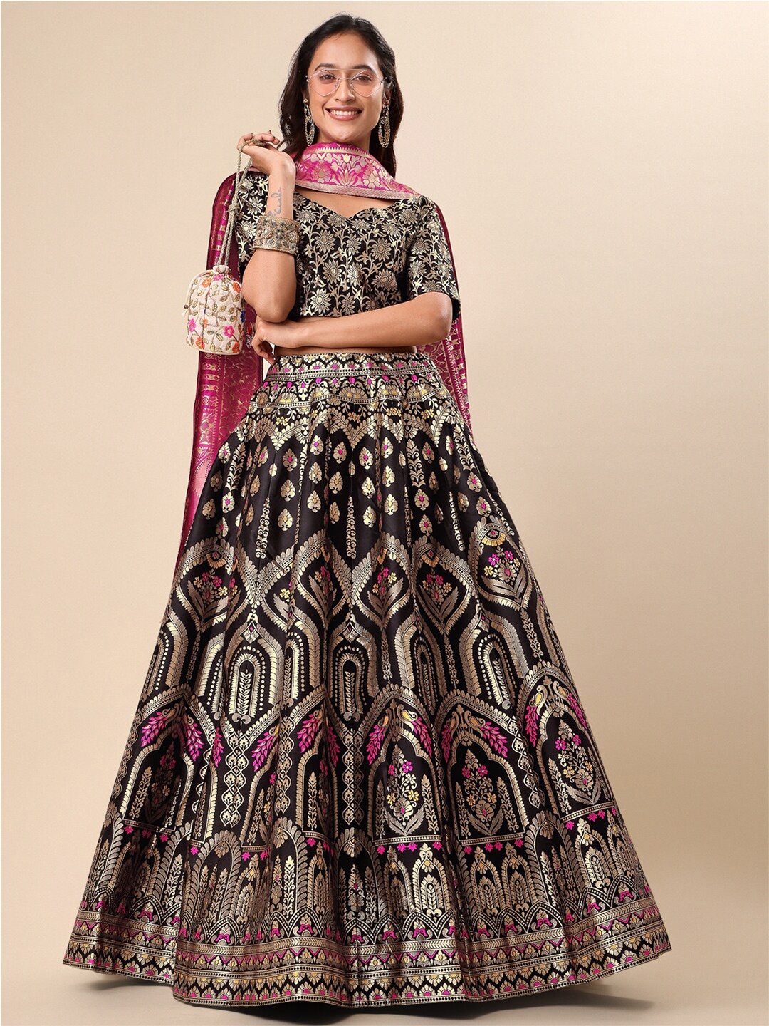 

PURVAJA Ready to Wear Lehenga & Unstitched Blouse With Dupatta, Black