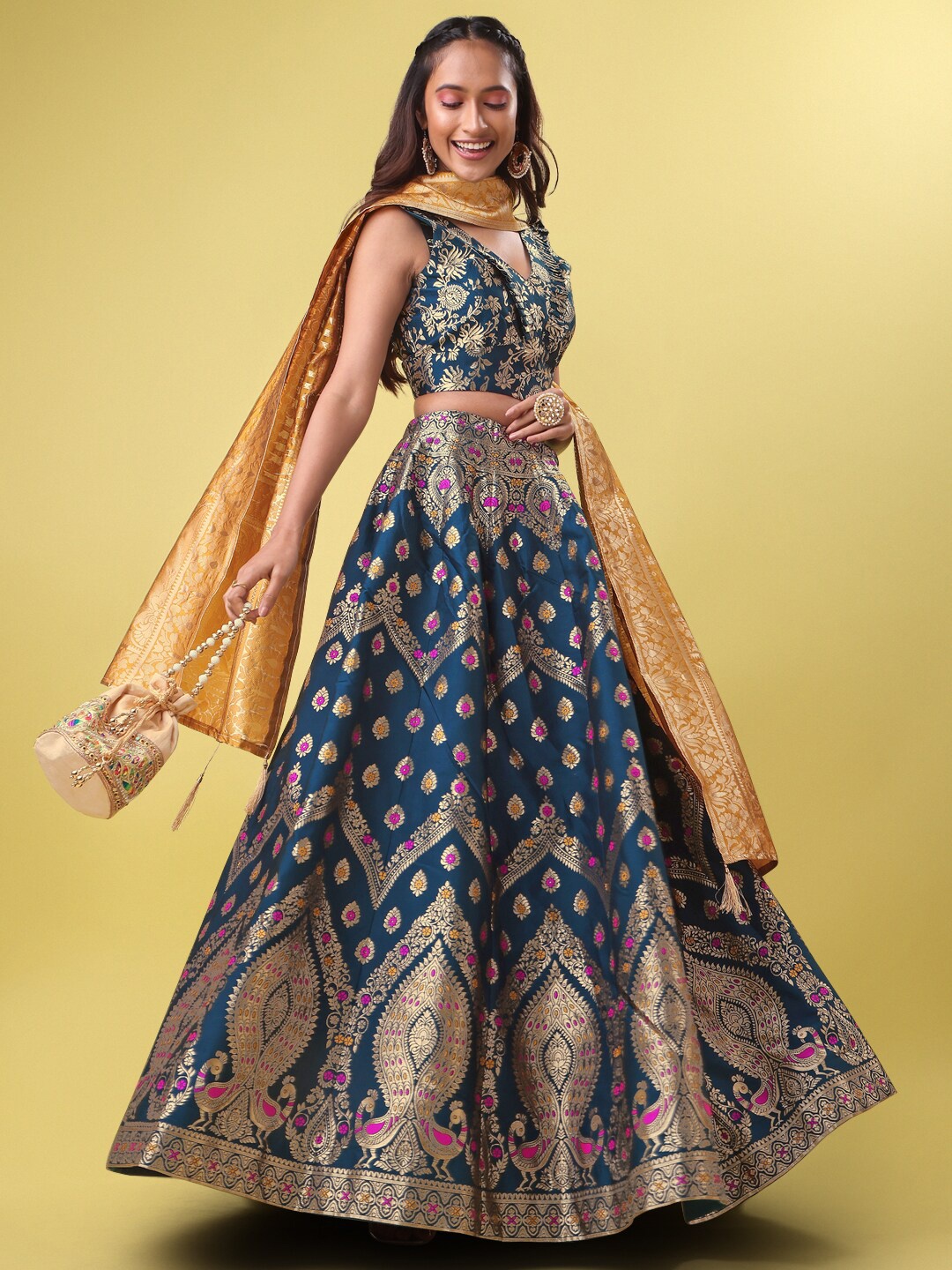 

PURVAJA Ready to Wear Lehenga & Unstitched Blouse With Dupatta, Teal