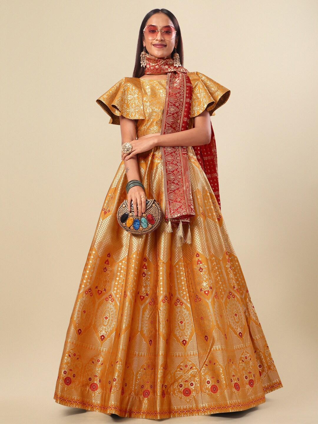 

PURVAJA Ready to Wear Lehenga & Unstitched Blouse With Dupatta, Yellow