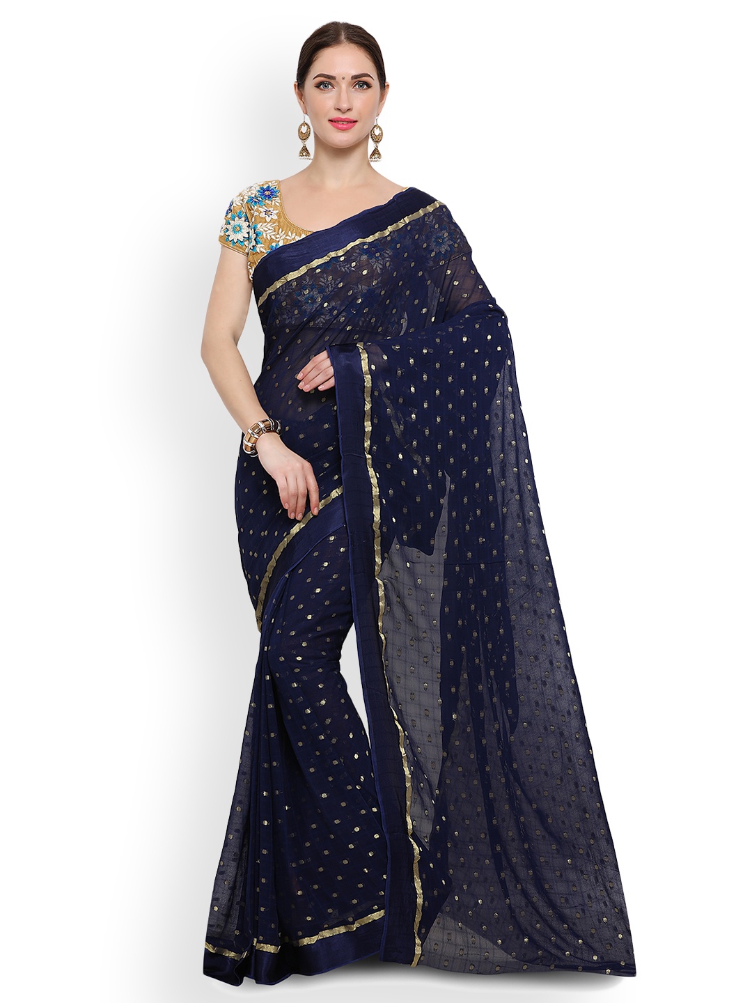

Saree mall Navy Blue Woven Design Poly Georgette Saree