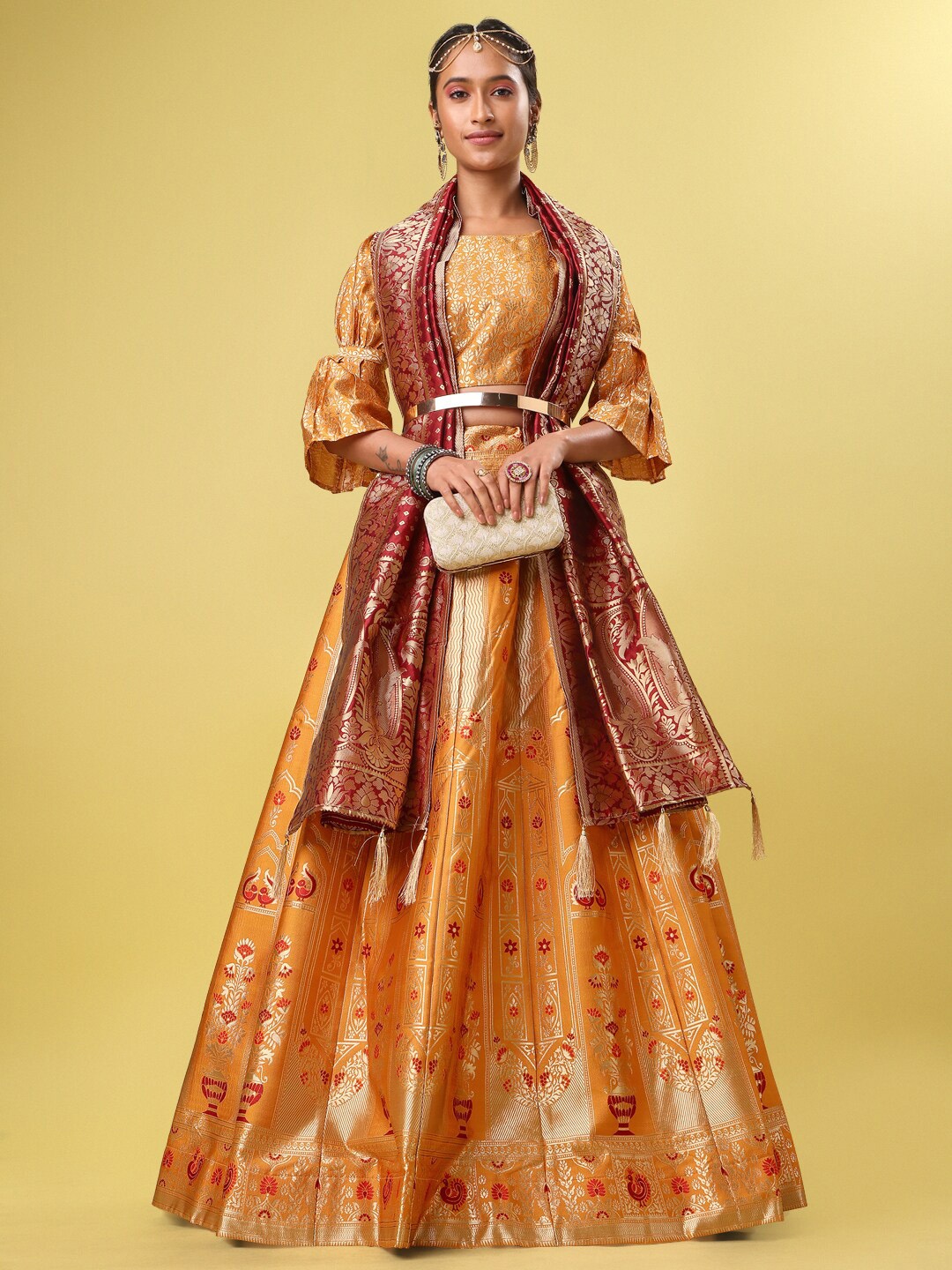 

PURVAJA Ready to Wear Lehenga & Unstitched Blouse With Dupatta, Yellow
