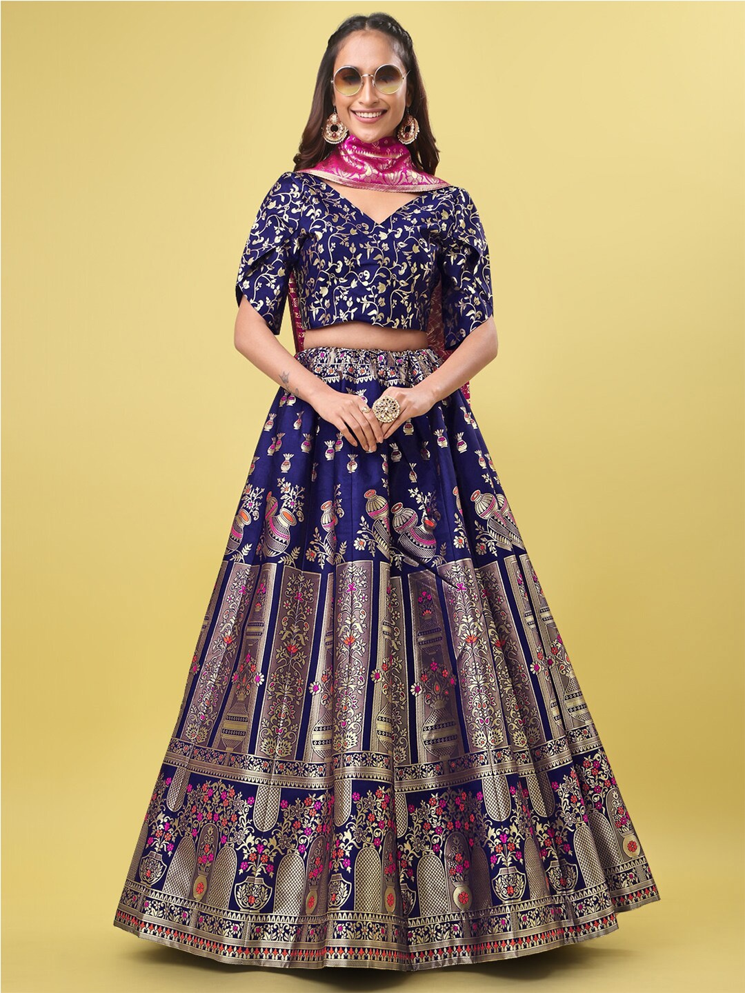 

PURVAJA Ready to Wear Lehenga & Unstitched Blouse With Dupatta, Navy blue