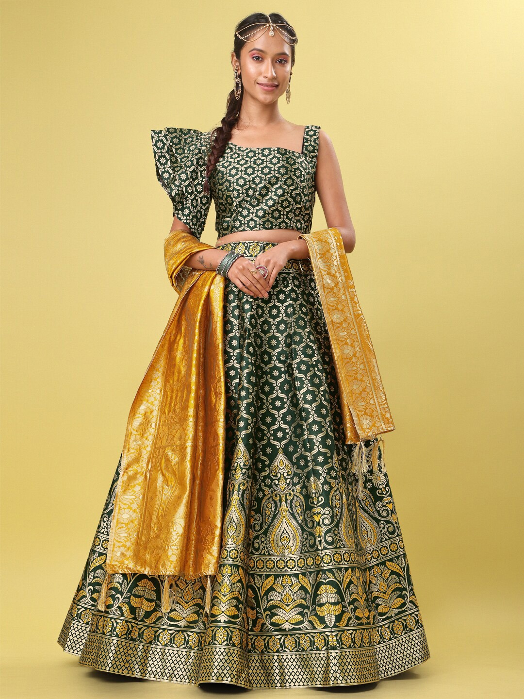 

PURVAJA Ready to Wear Lehenga & Unstitched Blouse With Dupatta, Green