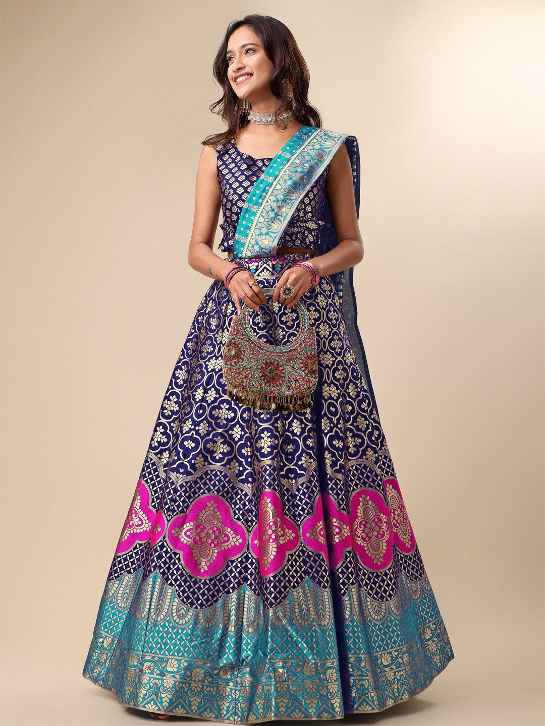 

PURVAJA Ready to Wear Lehenga & Unstitched Blouse With Dupatta, Navy blue