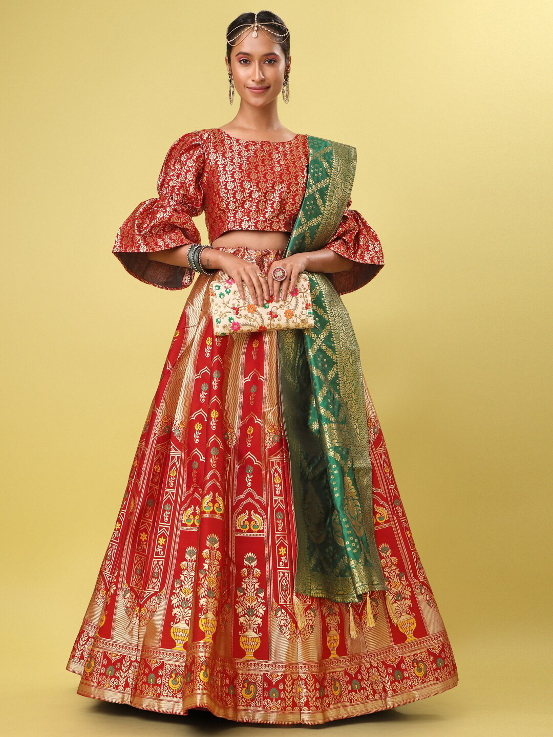 

PURVAJA Ready to Wear Lehenga & Unstitched Blouse With Dupatta, Red