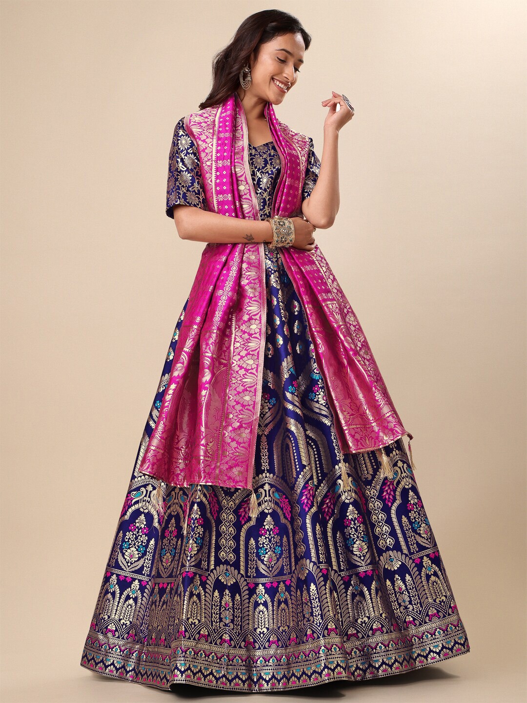 

PURVAJA Ready to Wear Lehenga & Unstitched Blouse With Dupatta, Navy blue