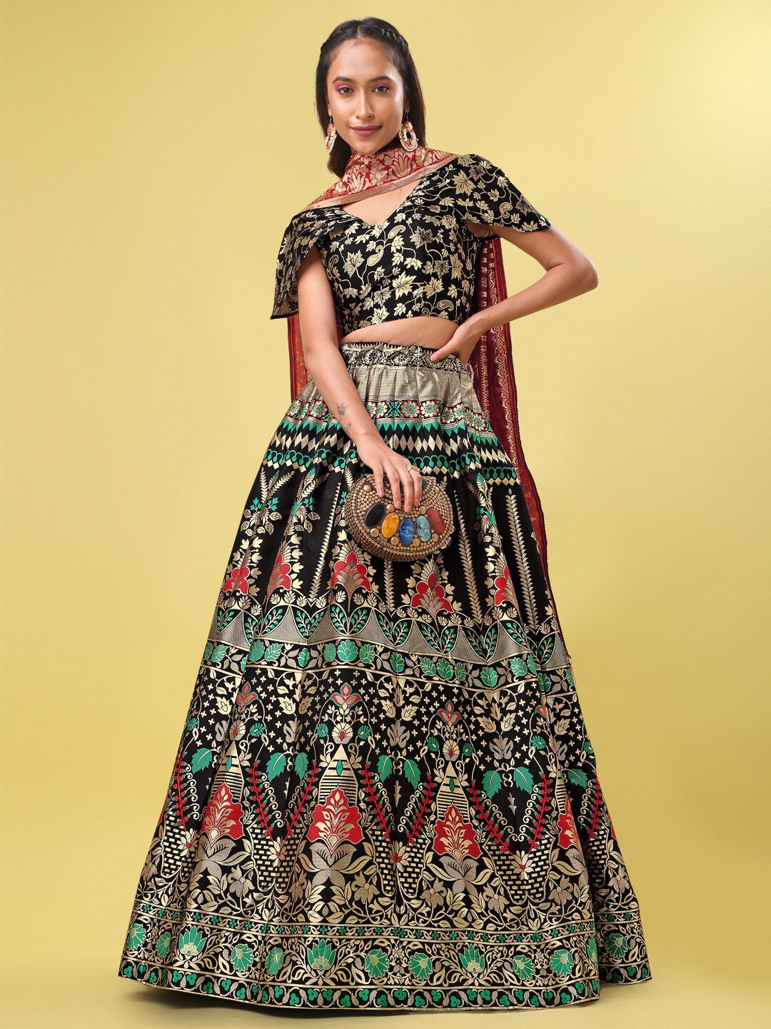 

PURVAJA Ready to Wear Lehenga & Unstitched Blouse With Dupatta, Black