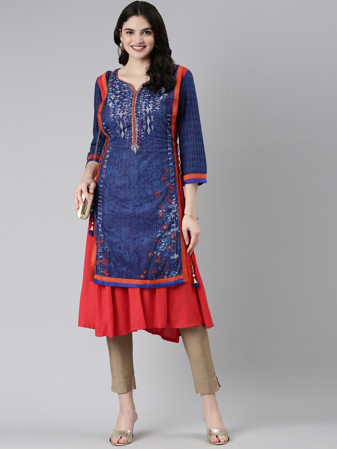 

Souchii Abstract Printed Thread Work Double Layered Side Tie Up A-Line Kurta, Blue