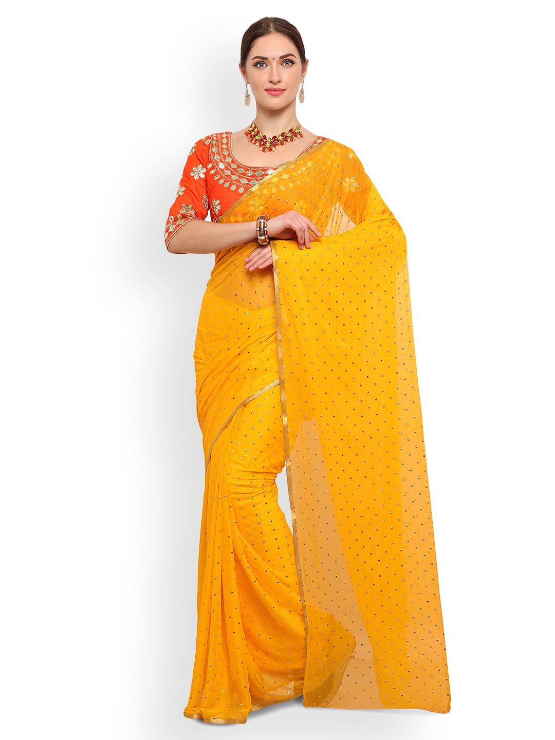 

Saree mall Yellow Embellished Poly Chiffon Saree