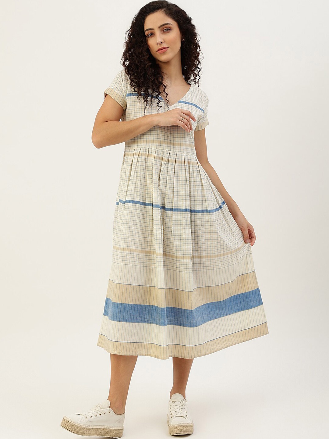 

Lokatita Striped Cotton V-Neck Empire Midi Dress, White