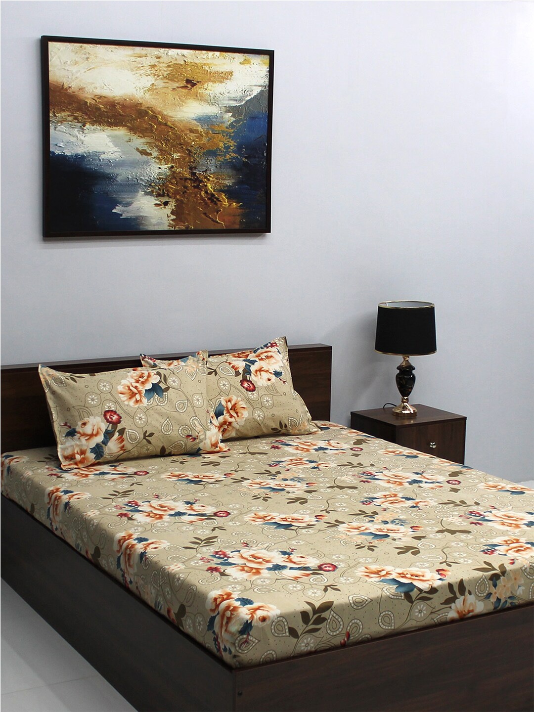 

BOMBAY DYEING Vista Beige & Blue Floral 144 TC Queen Bedsheet With 2 Pillow Covers