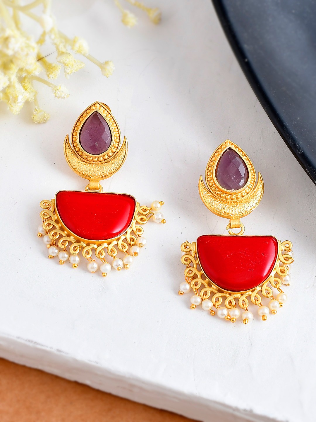 

Silvermerc Designs Gold-Plated Stone-Studded Drop Earrings