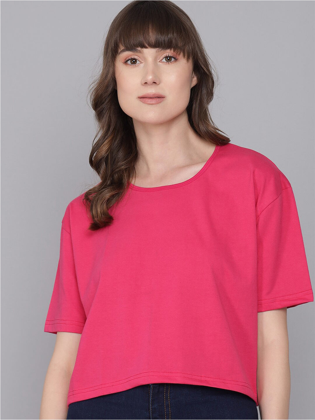 

Imsa Moda Round Neck Extended Sleeves Cotton Boxy Top, Fuchsia