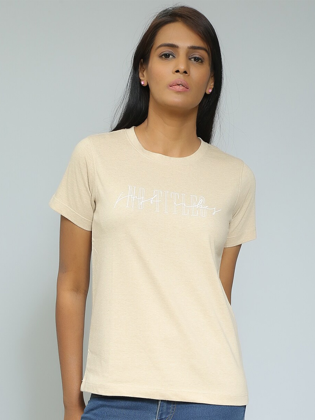 

Mast & Harbour Beige Relaxed Fit Typography Printed Casual Pure Cotton T-shirt