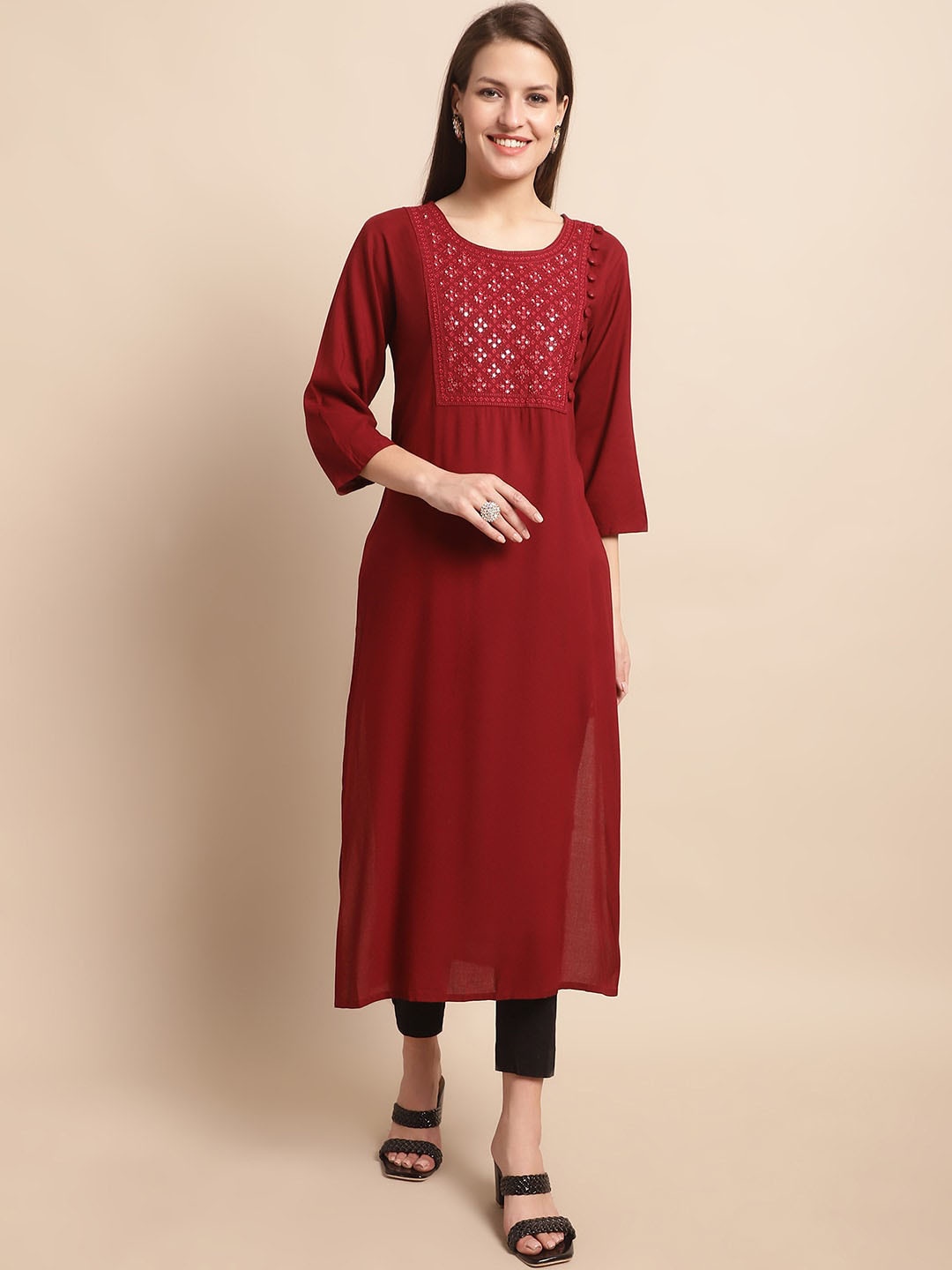 

Pistaa Floral Yoke Design Mirror Work Kurta, Maroon
