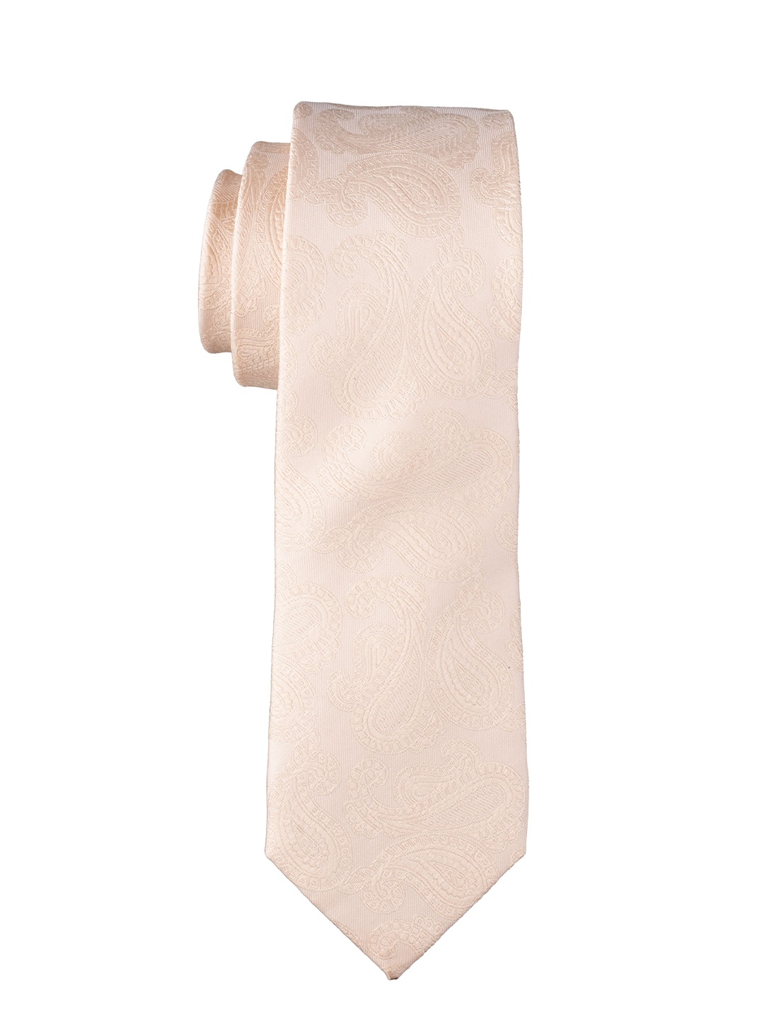 

The Tie Hub Men Paisley Woven Design Pure Silk Skinny Tie, Peach