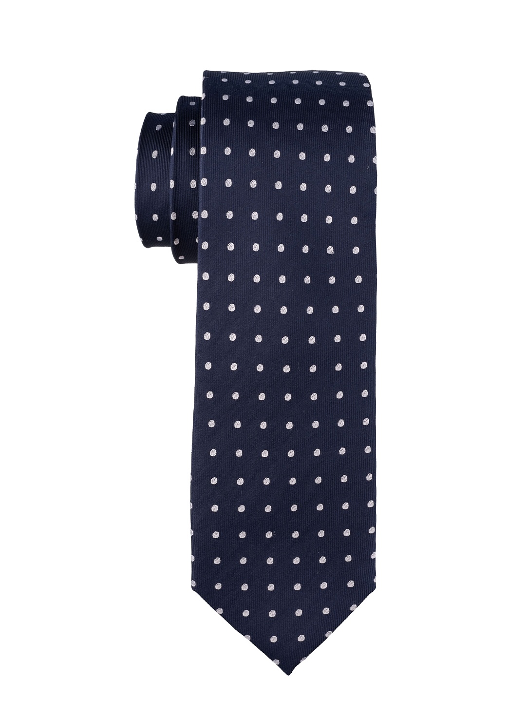 

The Tie Hub Men Polka Dots Woven Design Pure Silk Broad Tie, Navy blue