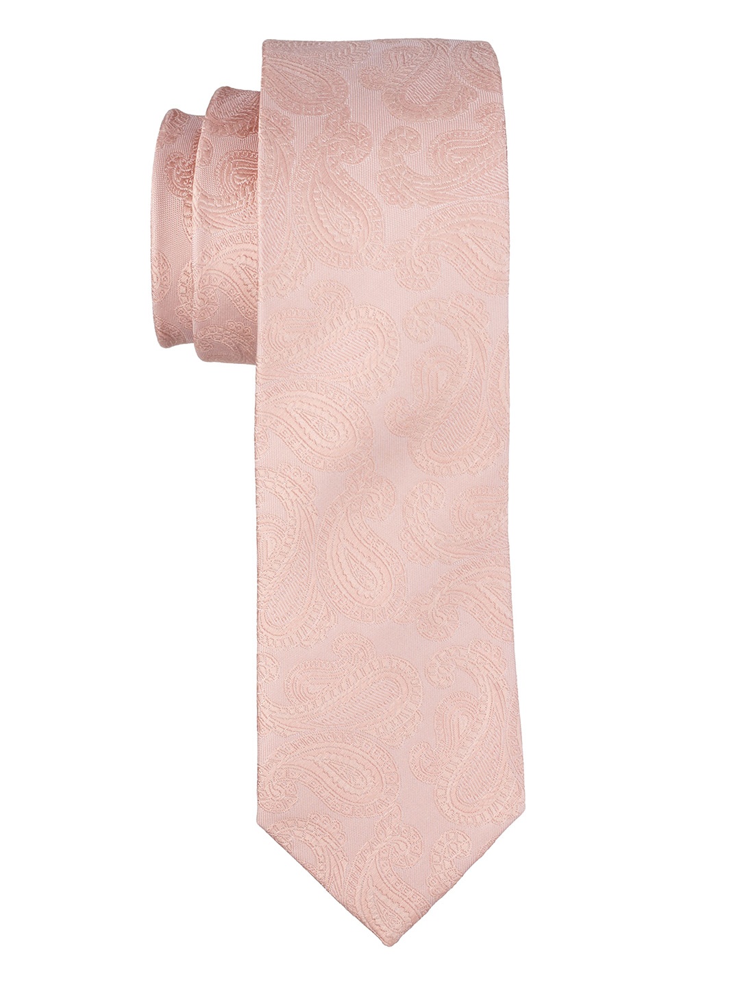 

The Tie Hub Men Paisley Woven Design Pure Silk Skinny Tie, Peach