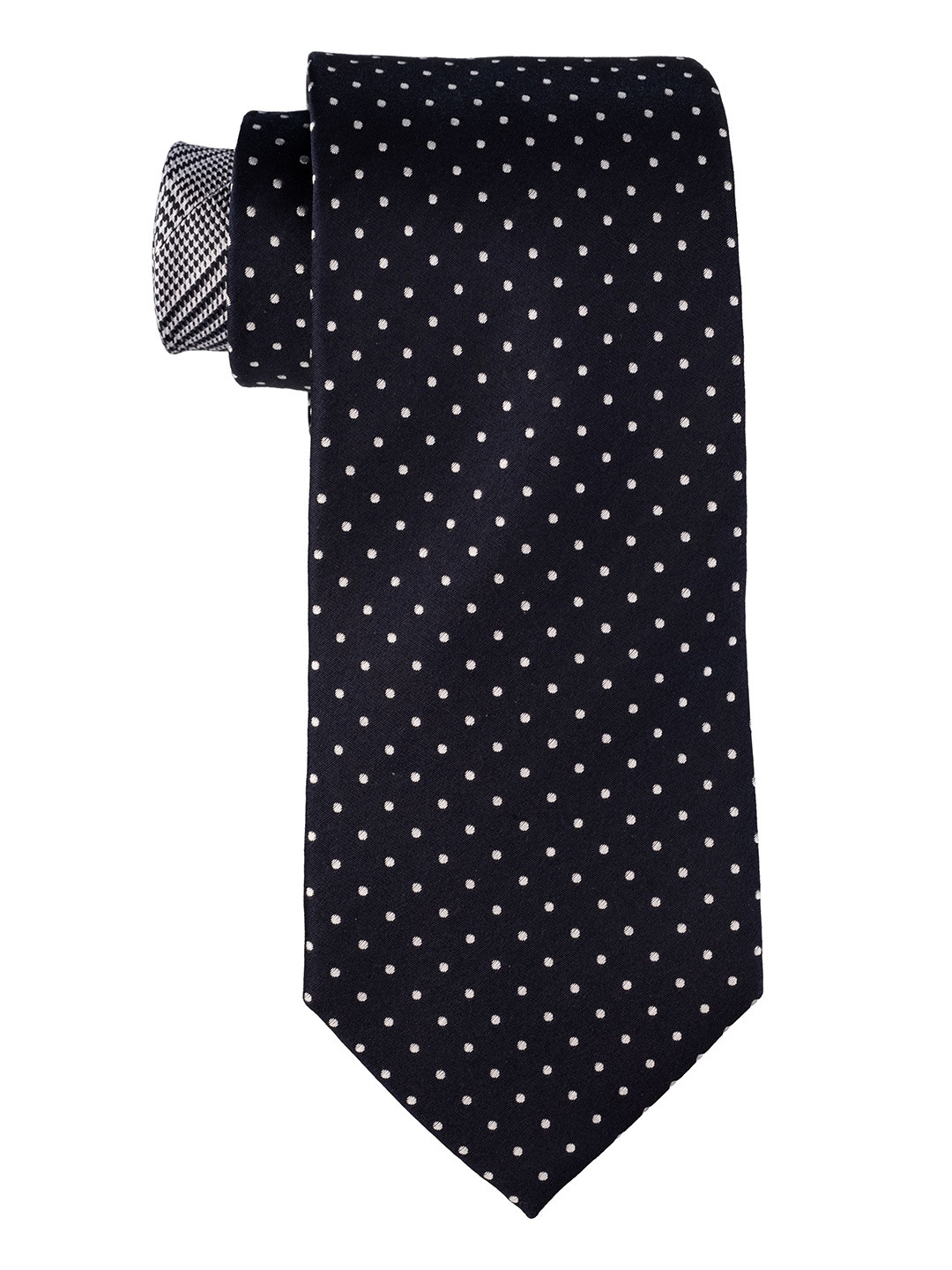 

The Tie Hub Men Polka Dots Woven Design Pure Silk Skinny Tie, Navy blue