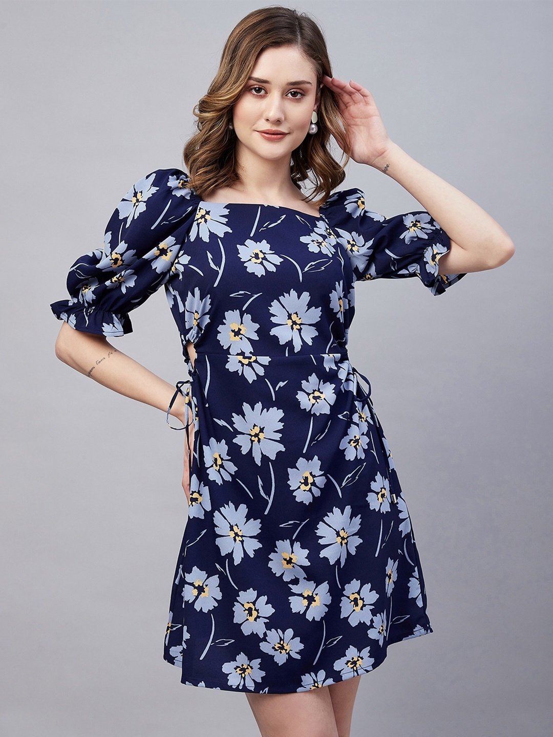 

Carlton London Floral Printed Puff Sleeve Ruched Tie Up Georgette A-Line Dress, Blue
