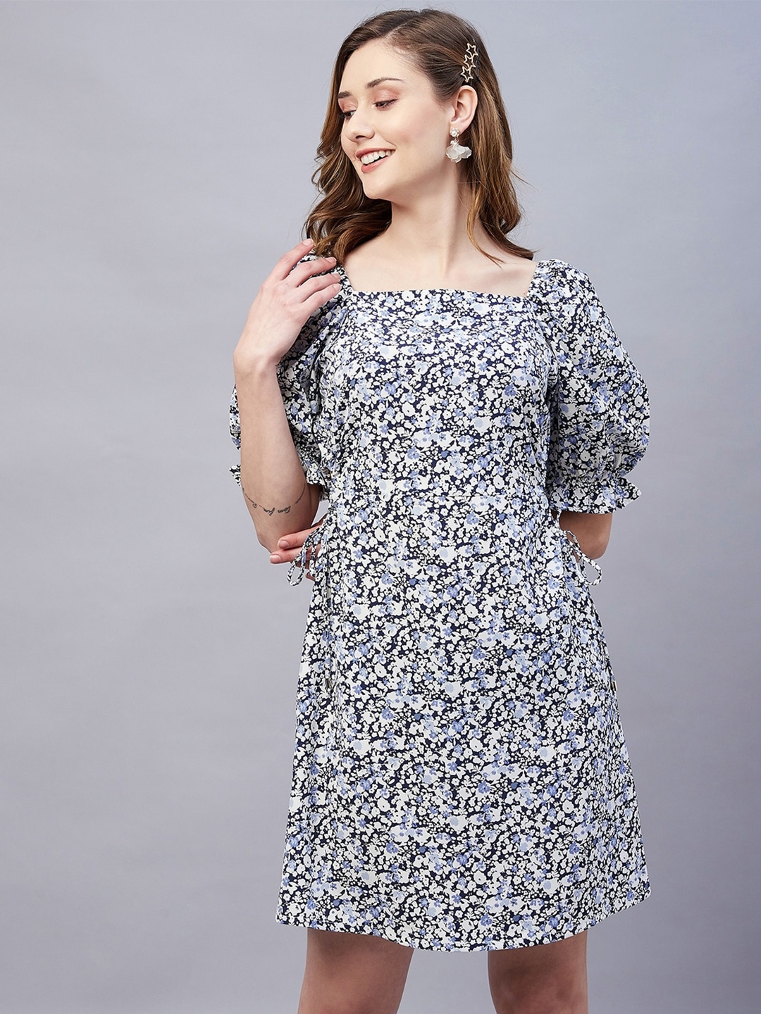 Marie Claire Black Floral Printed Puff Sleeves Georgette A-Line Dress