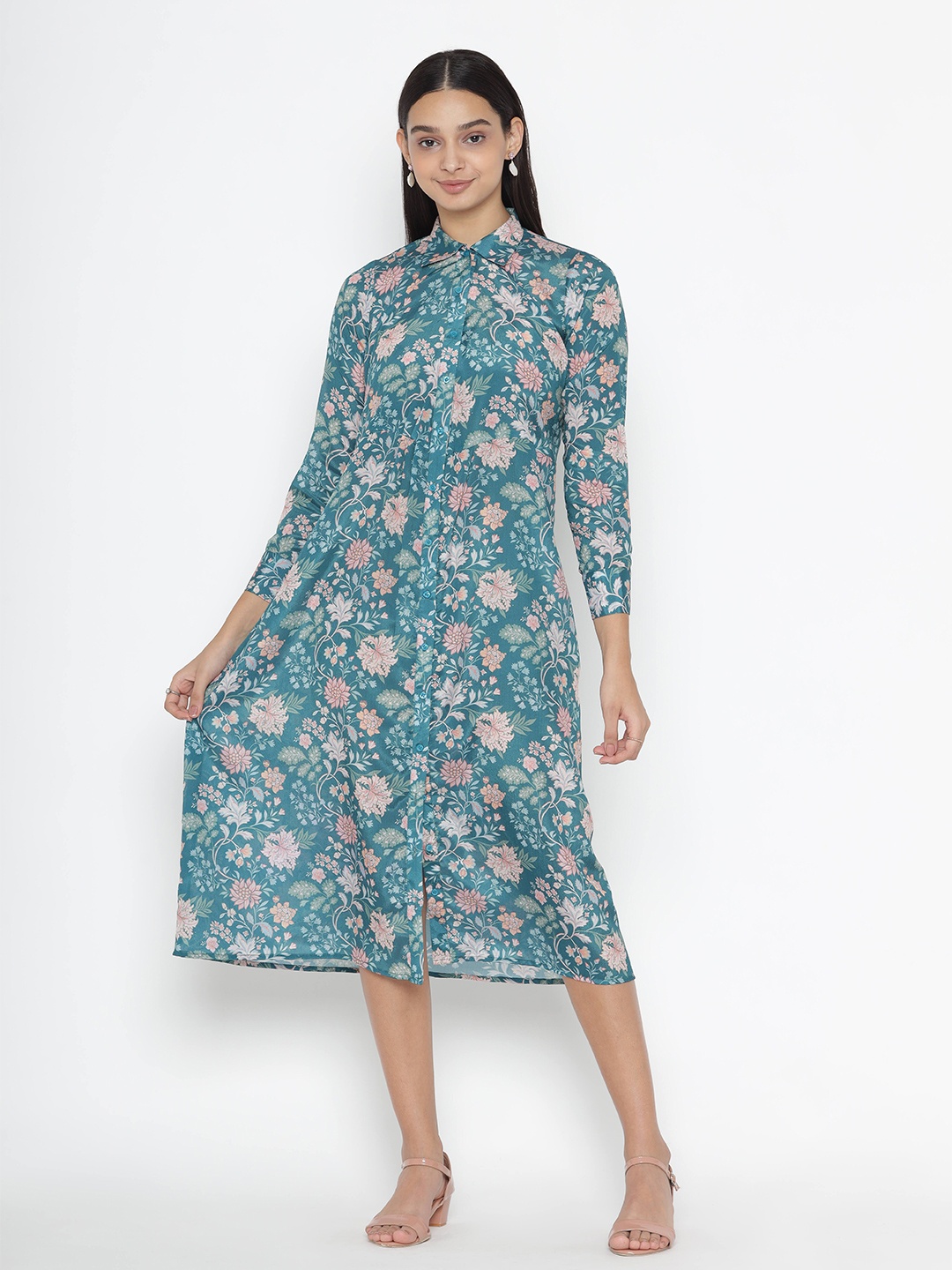 

OCTICS Floral Printed Shirt Style Midi Dress, Teal