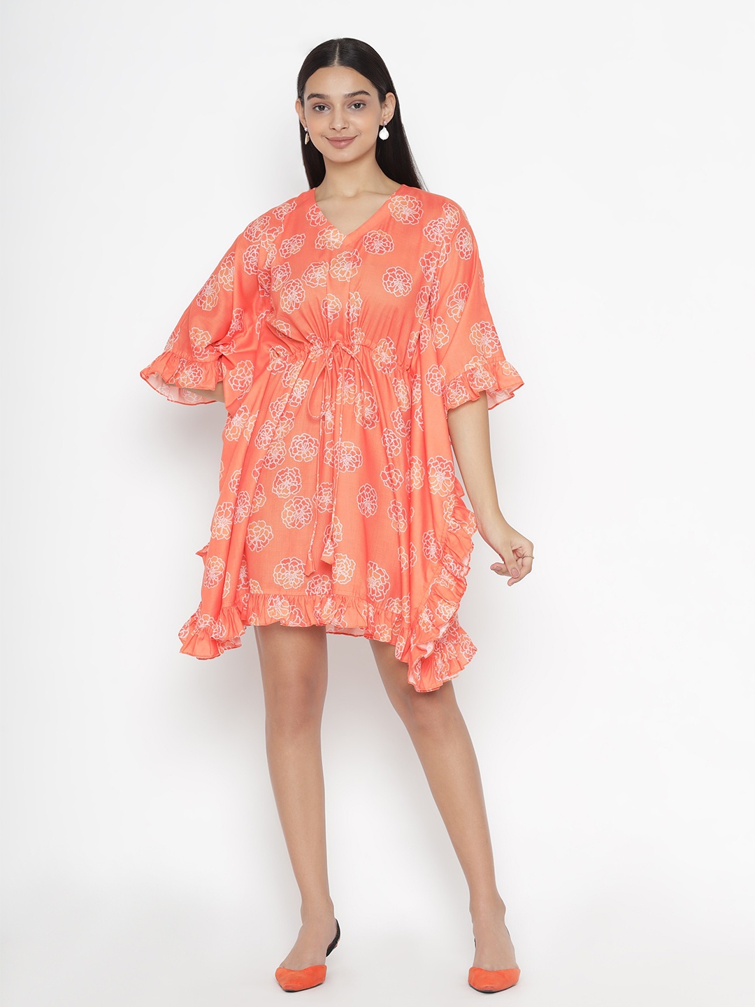 

OCTICS Orange Floral Printed Kaftan Style Dress