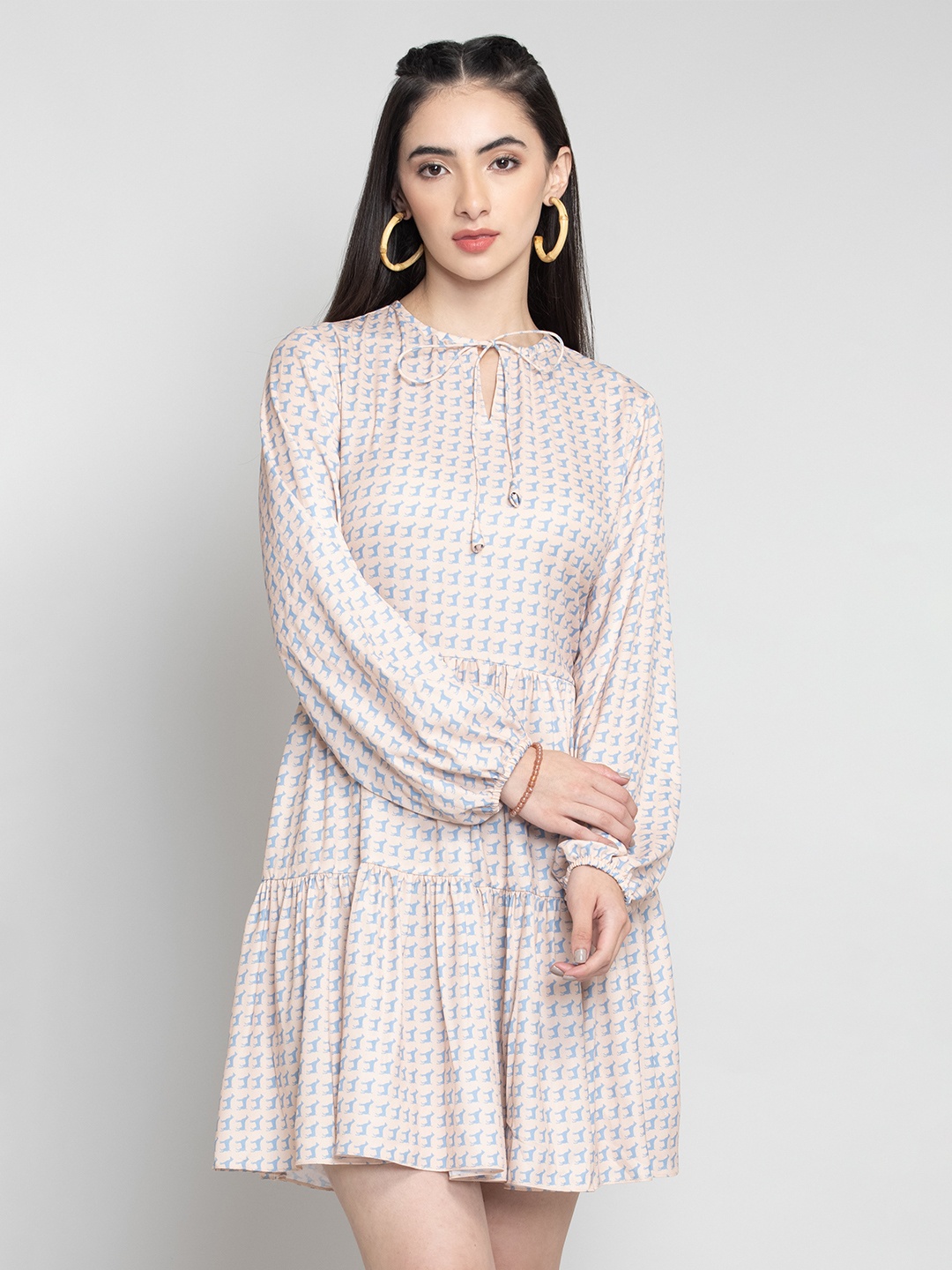 

OCTICS Conversational Printed Tie-Up Neck Fit & Flare Dress, Pink