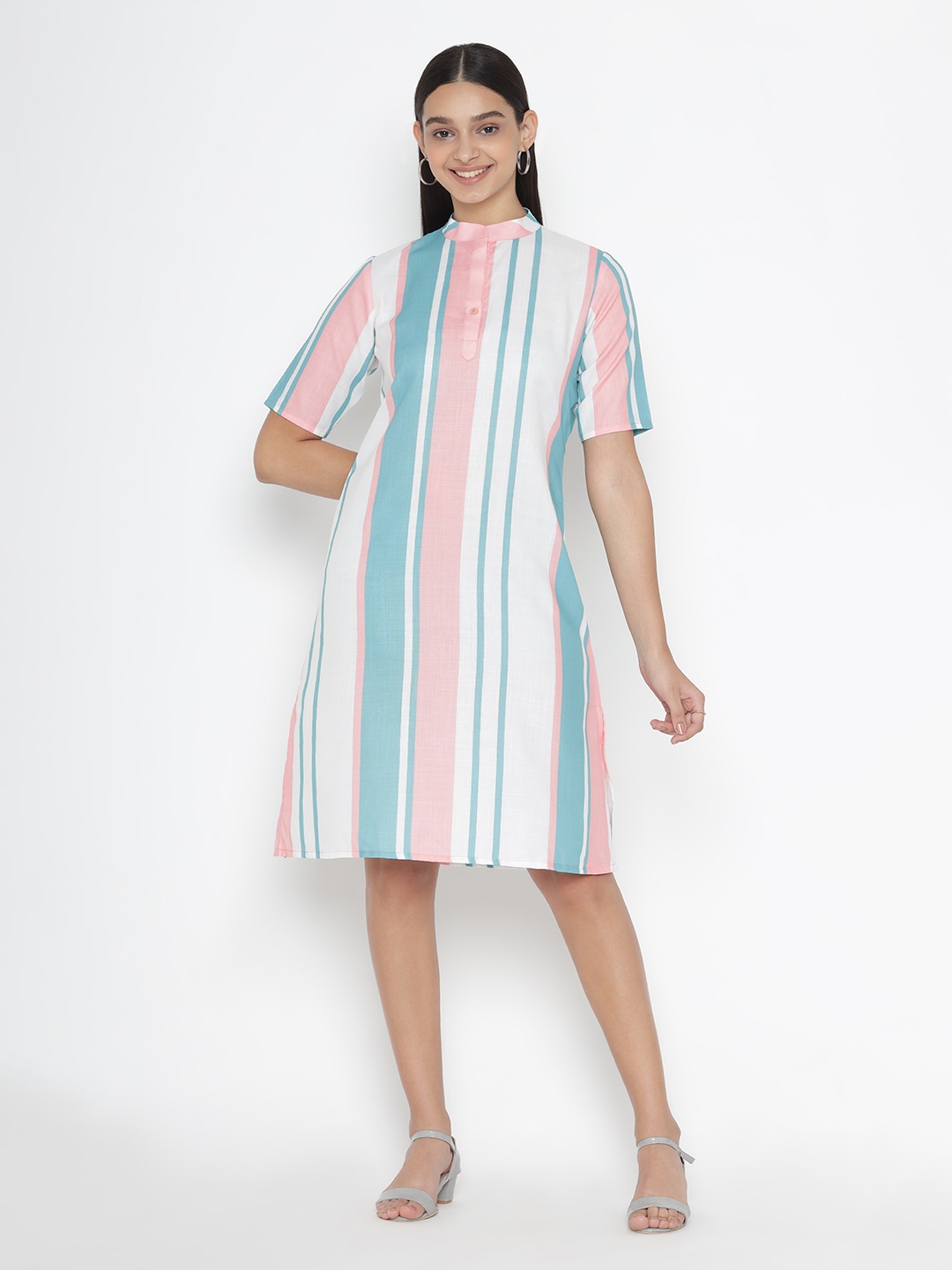 

OCTICS Mandarin Collar Striped Printed A-Line Dress, White
