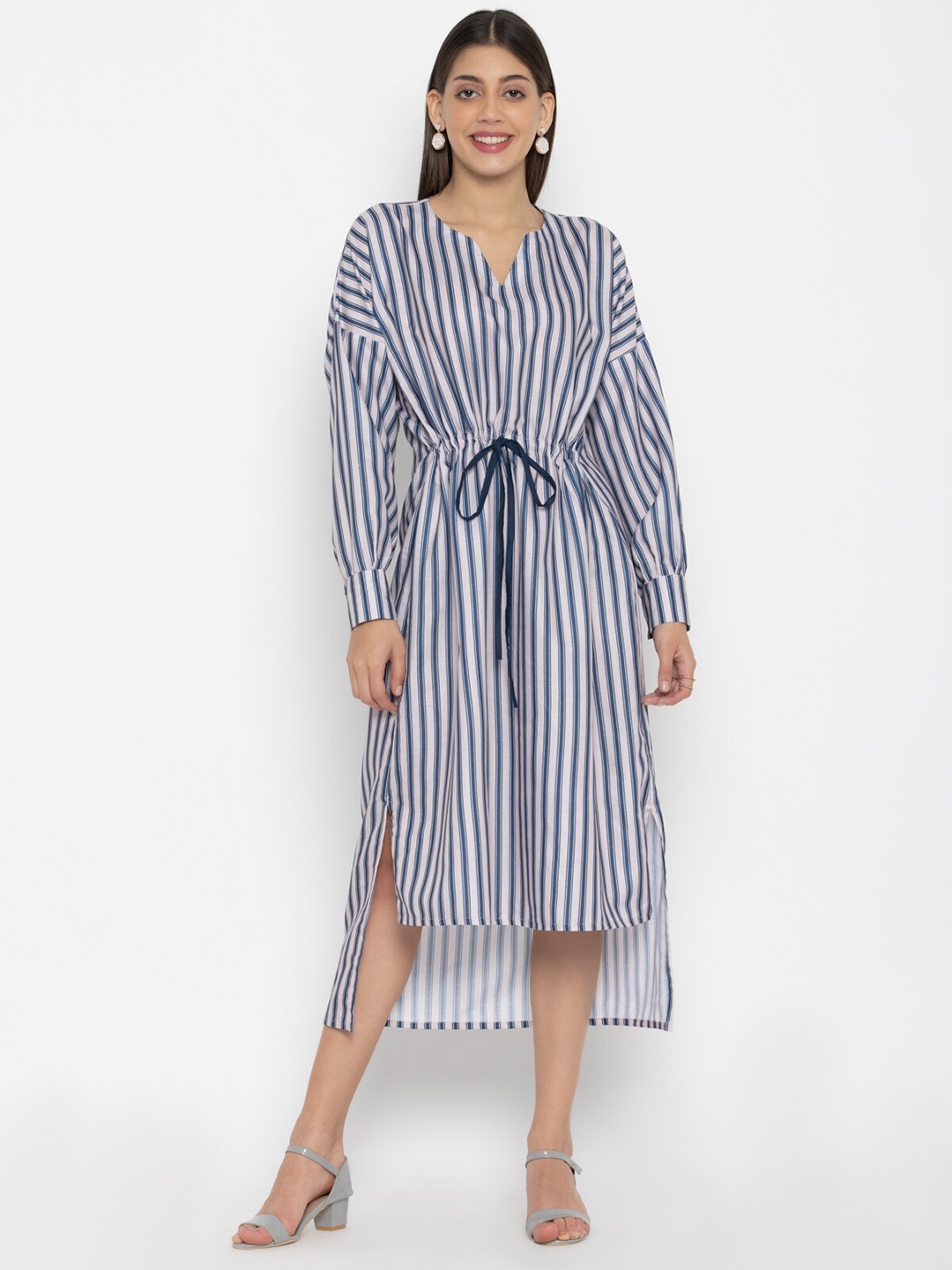 

OCTICS Variegated Striped Tie-Up Detailing A-Line Midi Dress, Blue