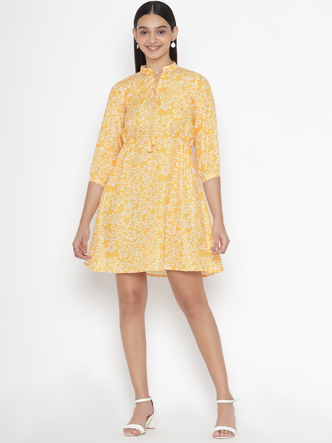 

OCTICS Floral Printed Mandarin Collar Tie-Ups Fit & Flare Dress, Yellow