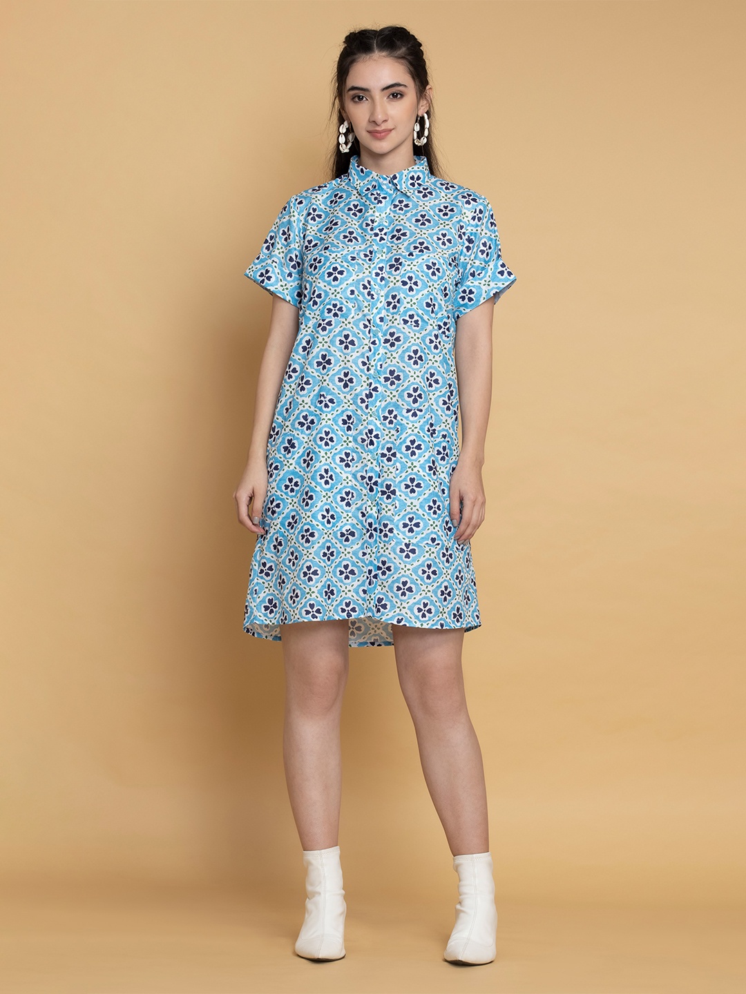 

OCTICS Floral Printed Shirt Collar Roll-Up Sleeves A-Line Dress, Blue