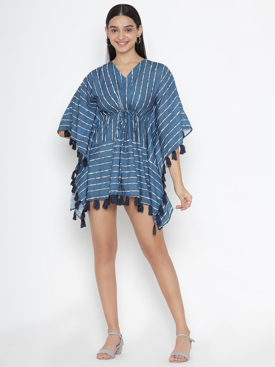 

OCTICS Striped Kimono Sleeves Casual Kaftan Dress, Blue