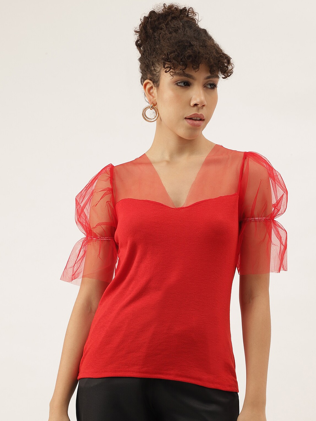 

AAHWAN Puff Sleeve Cotton Top, Red
