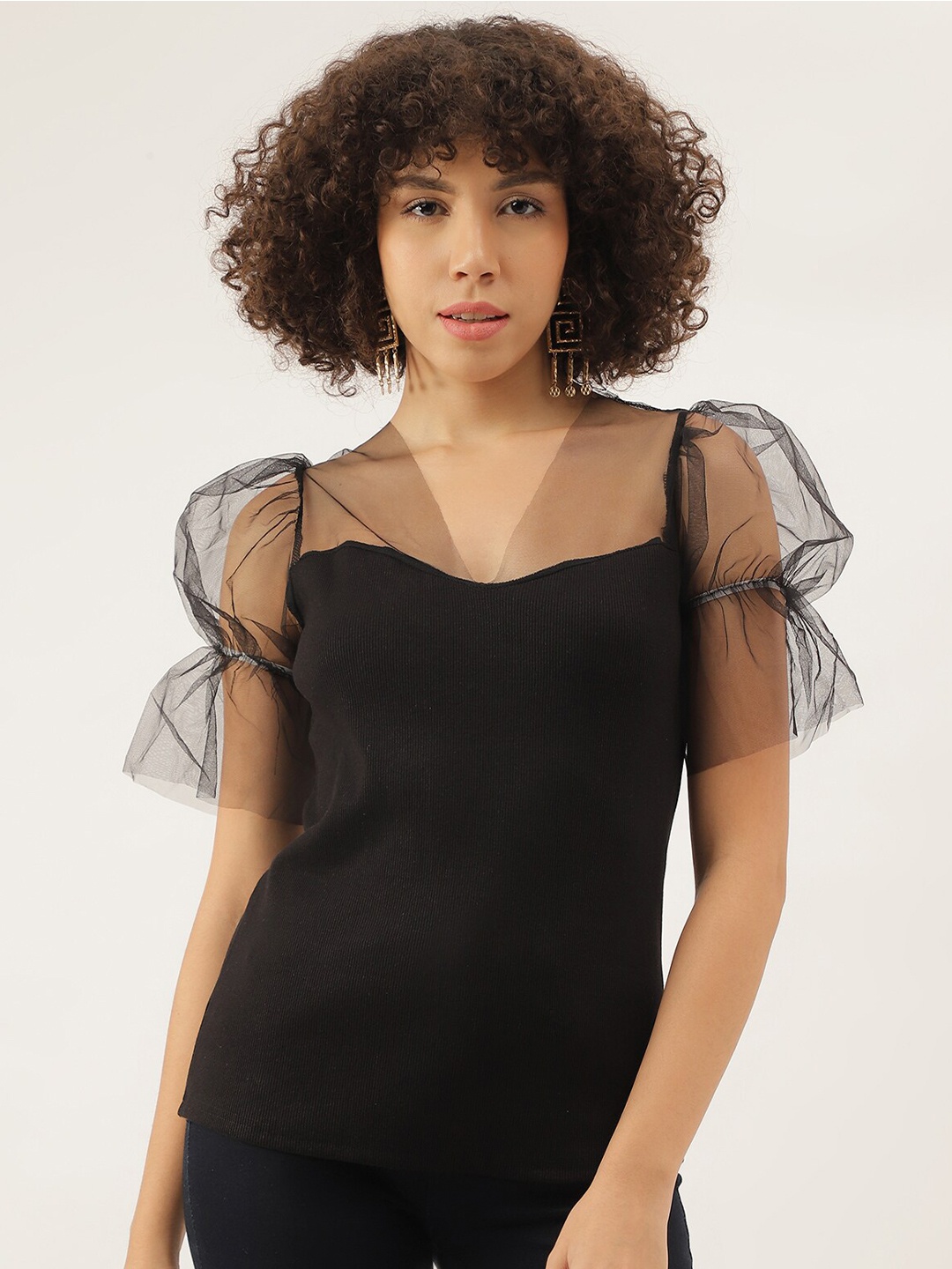 

AAHWAN Puff Sleeve Cotton Top, Black