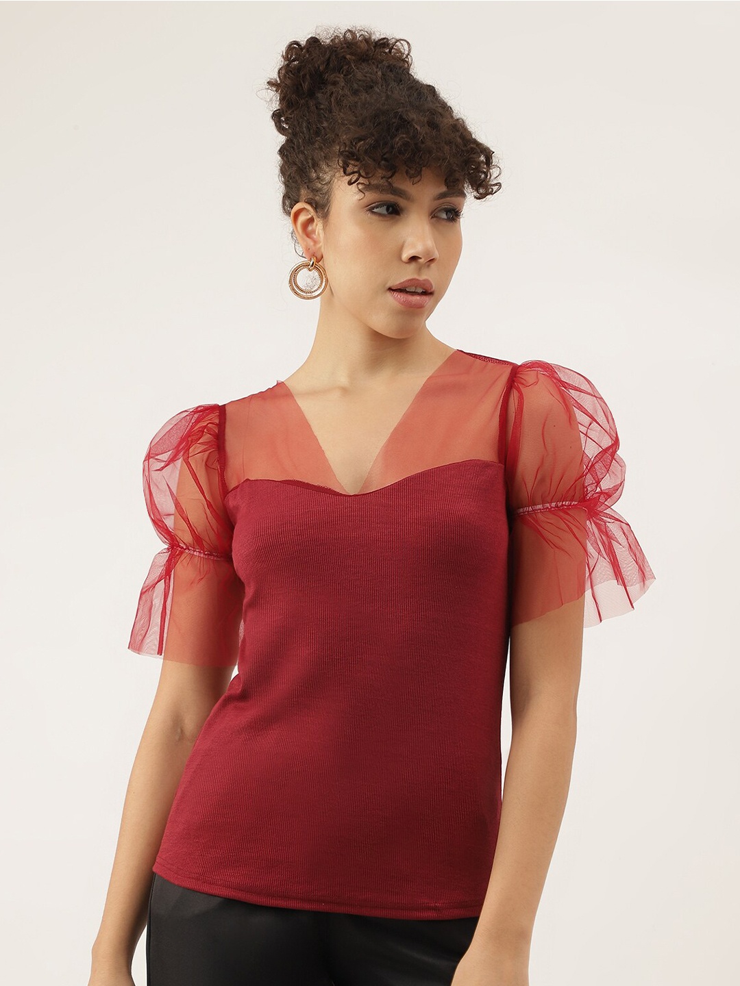 

AAHWAN Puff Sleeve Cotton Top, Maroon
