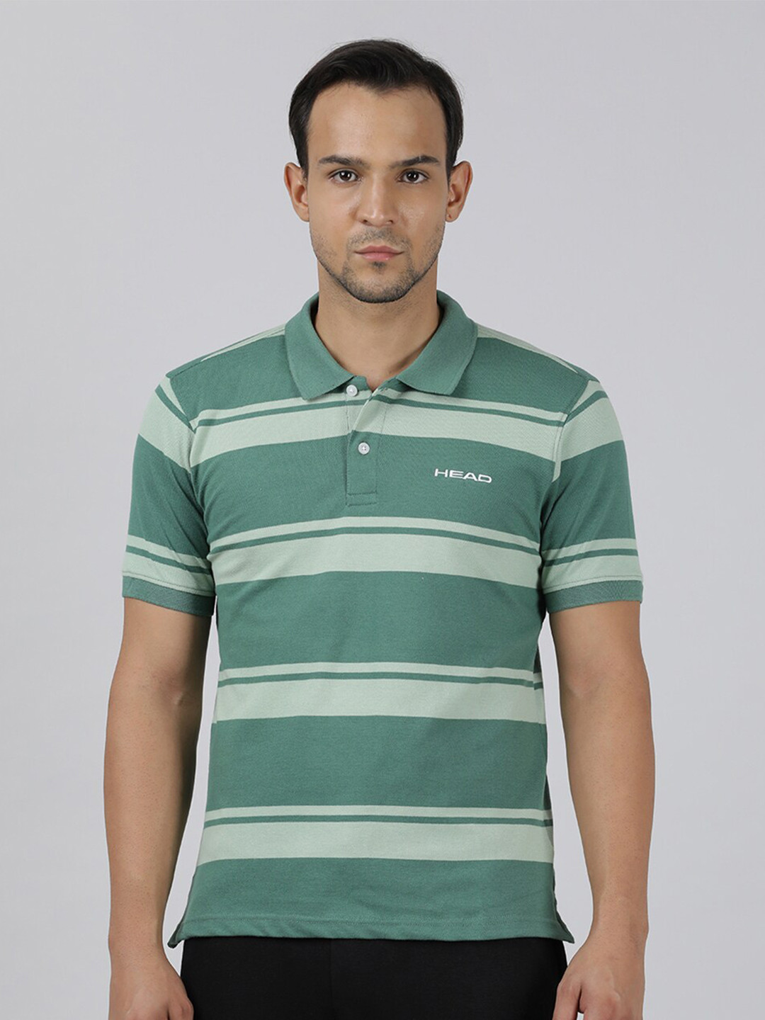 

Head Striped Polo Collar Slim Fit Cotton T-shirt, Green