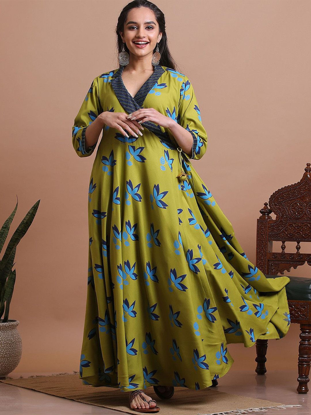 

Rustorange Floral Printed V-Neck Flared Wrap Maxi Dress, Olive