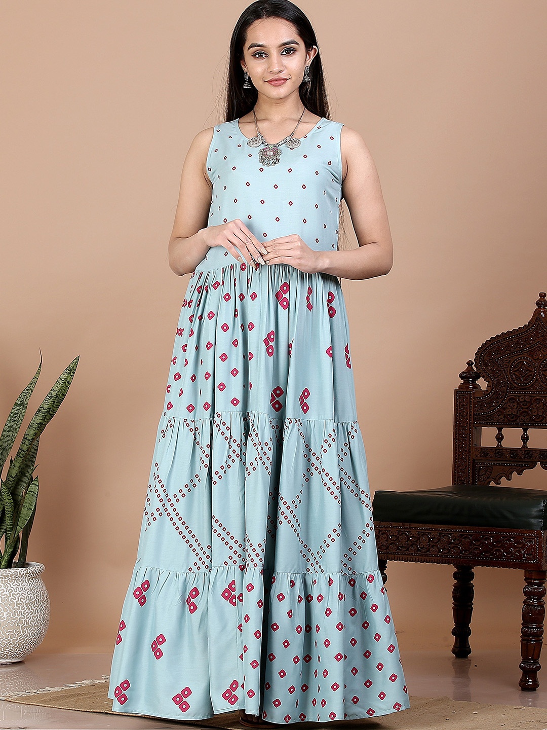 

Rustorange Floral Printed Sleeveless Tiered Detail Maxi Dress, Blue
