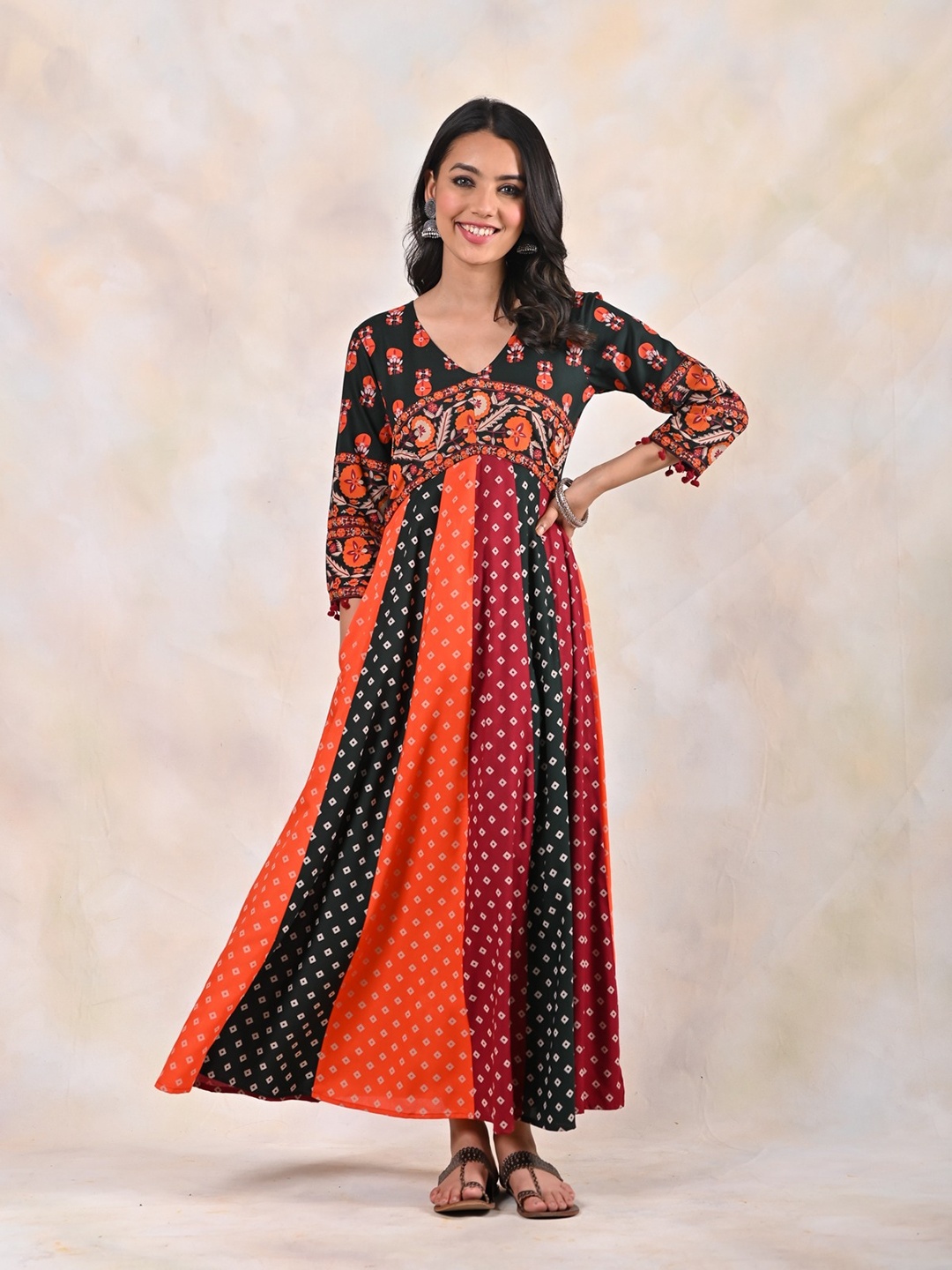 

Rustorange Tie & Die Dyed Bandhani Empire Ethnic Dress, Black