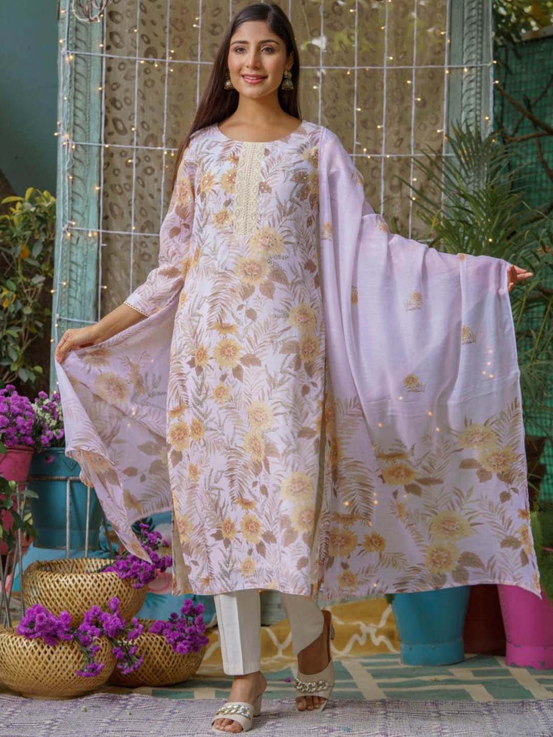 

Meena Bazaar Floral Printed Kurta With Trousers & Dupatta, Cream