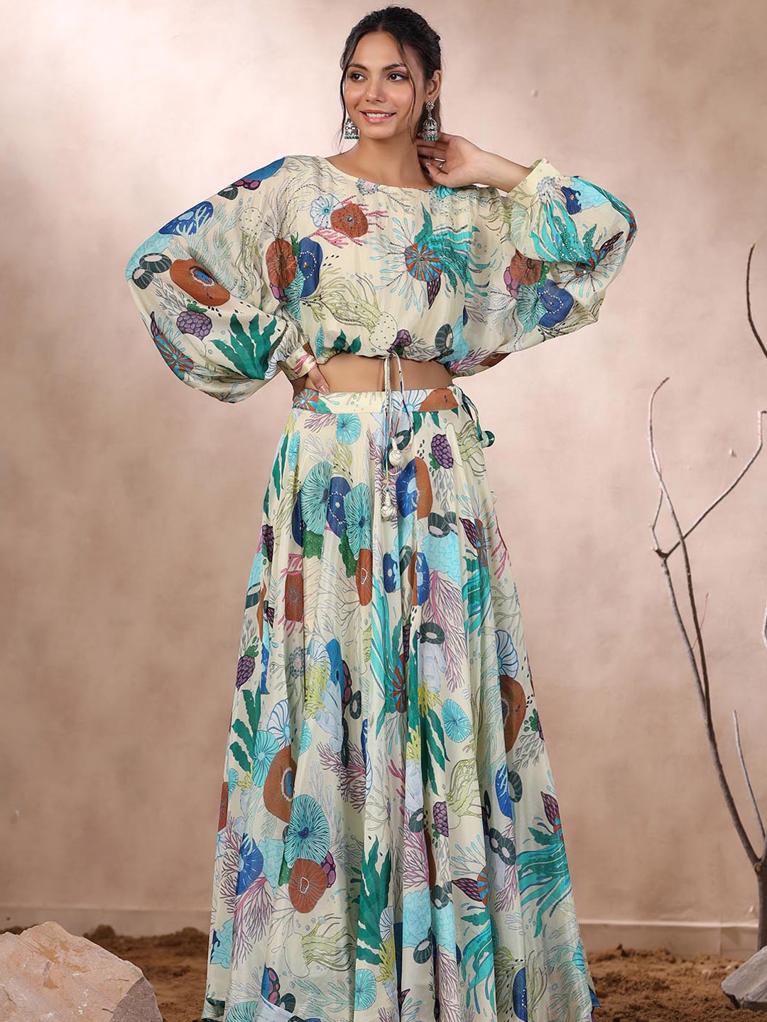 

Meena Bazaar Printed Ethnic Top & Skirt, Beige