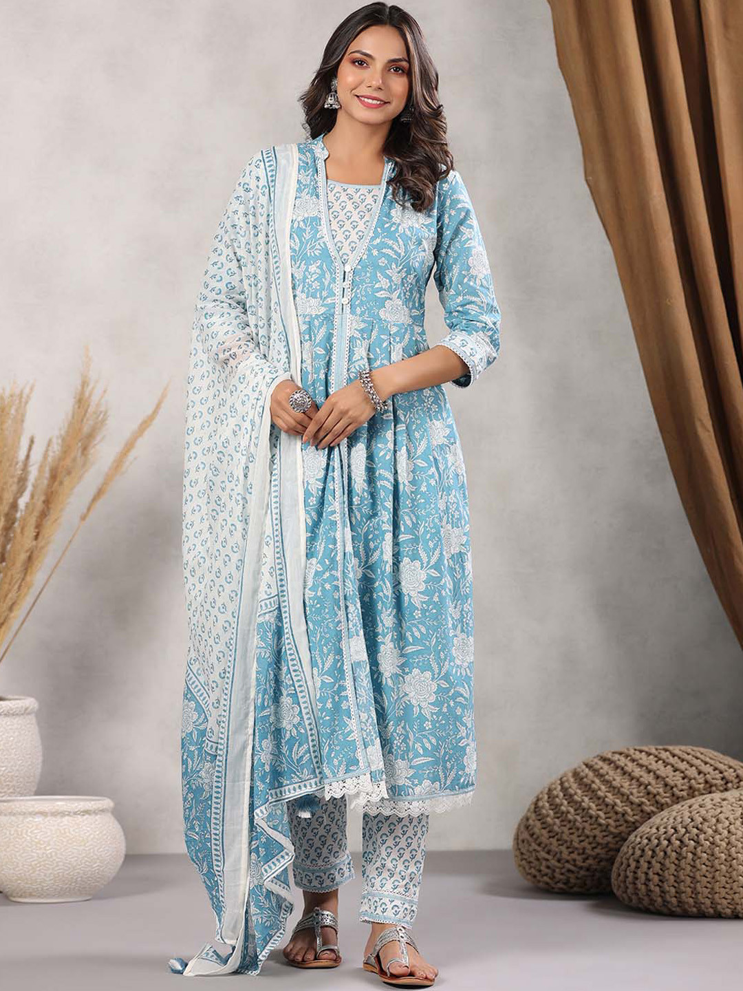 

Meena Bazaar Floral Printed Empire Anarkali Kurta With Trousers & Dupatta, Blue