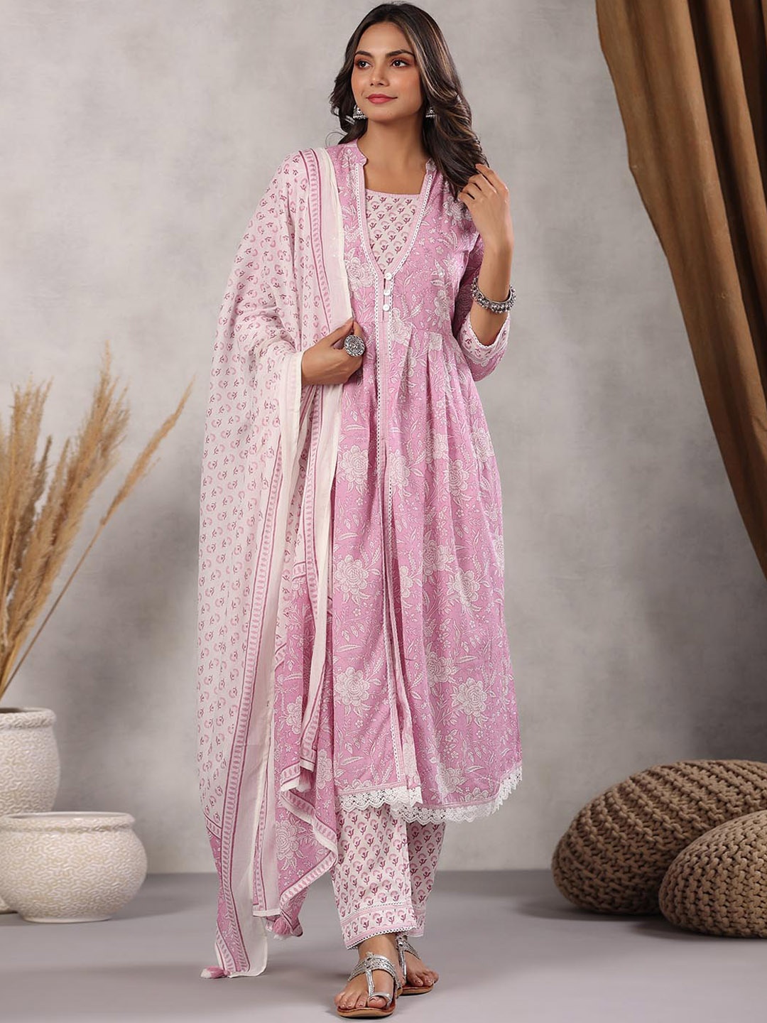 

Meena Bazaar Floral Printed A-Line Kurta with Trousers & Dupatta, Pink