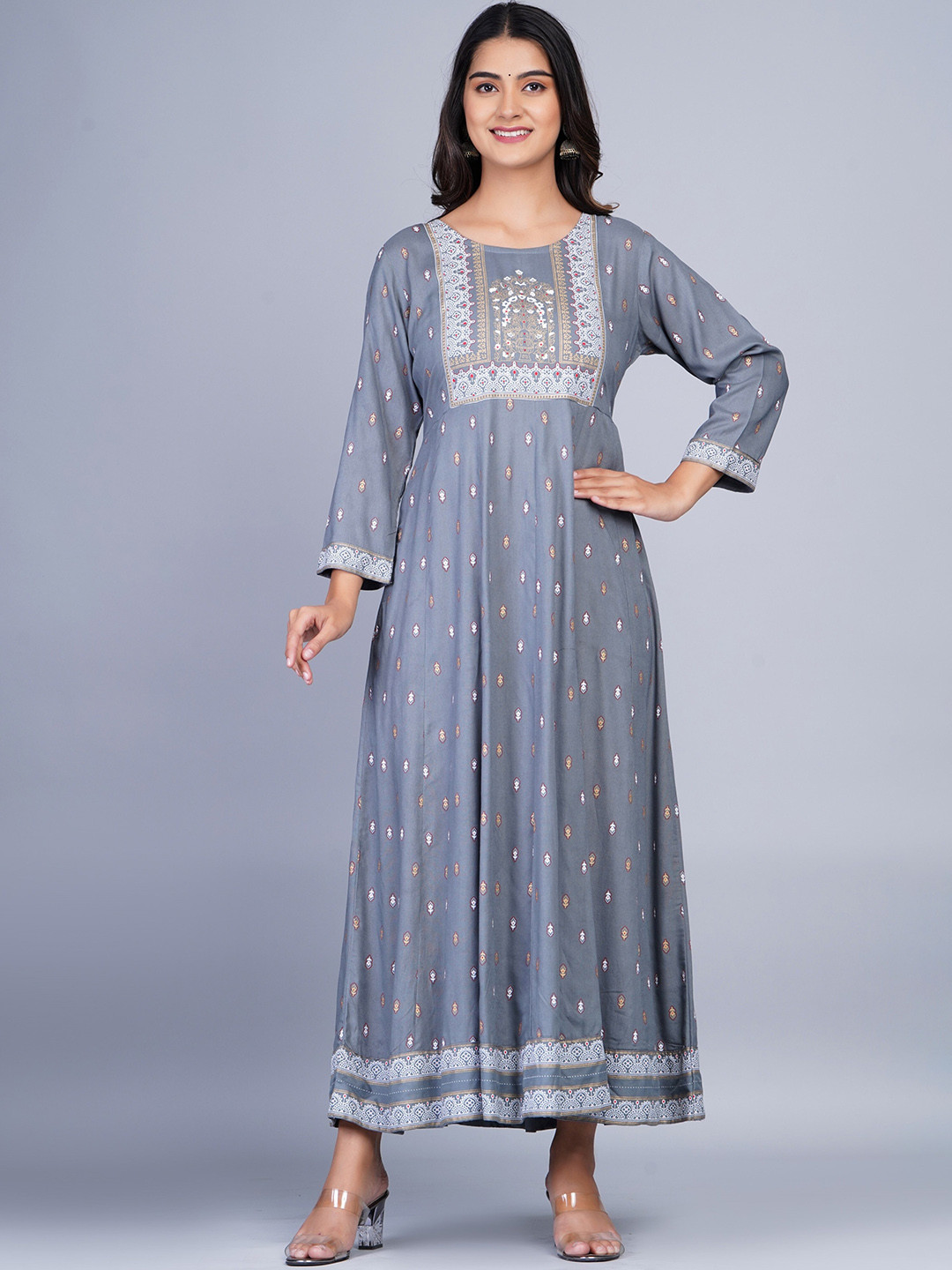 

SkyaSia Ethnic Motifs Printed Panelled Anarkali Kurta, Grey