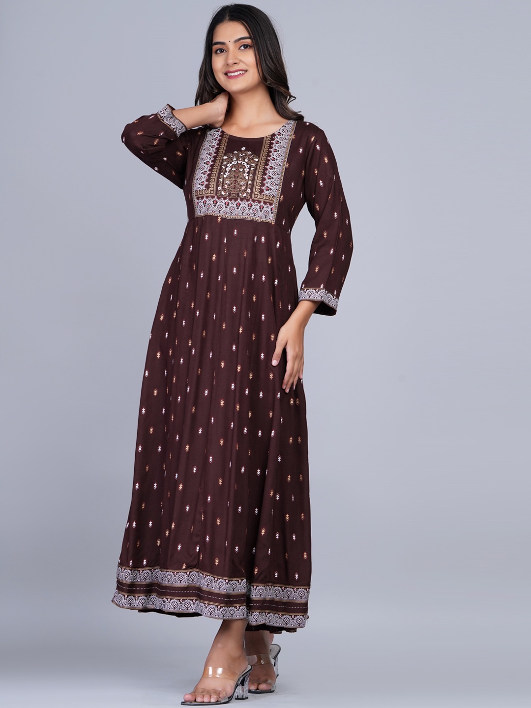 

SkyaSia Ethnic Motifs Printed Gathred Or Pleated Maxi Ethnic Dress, Coffee brown