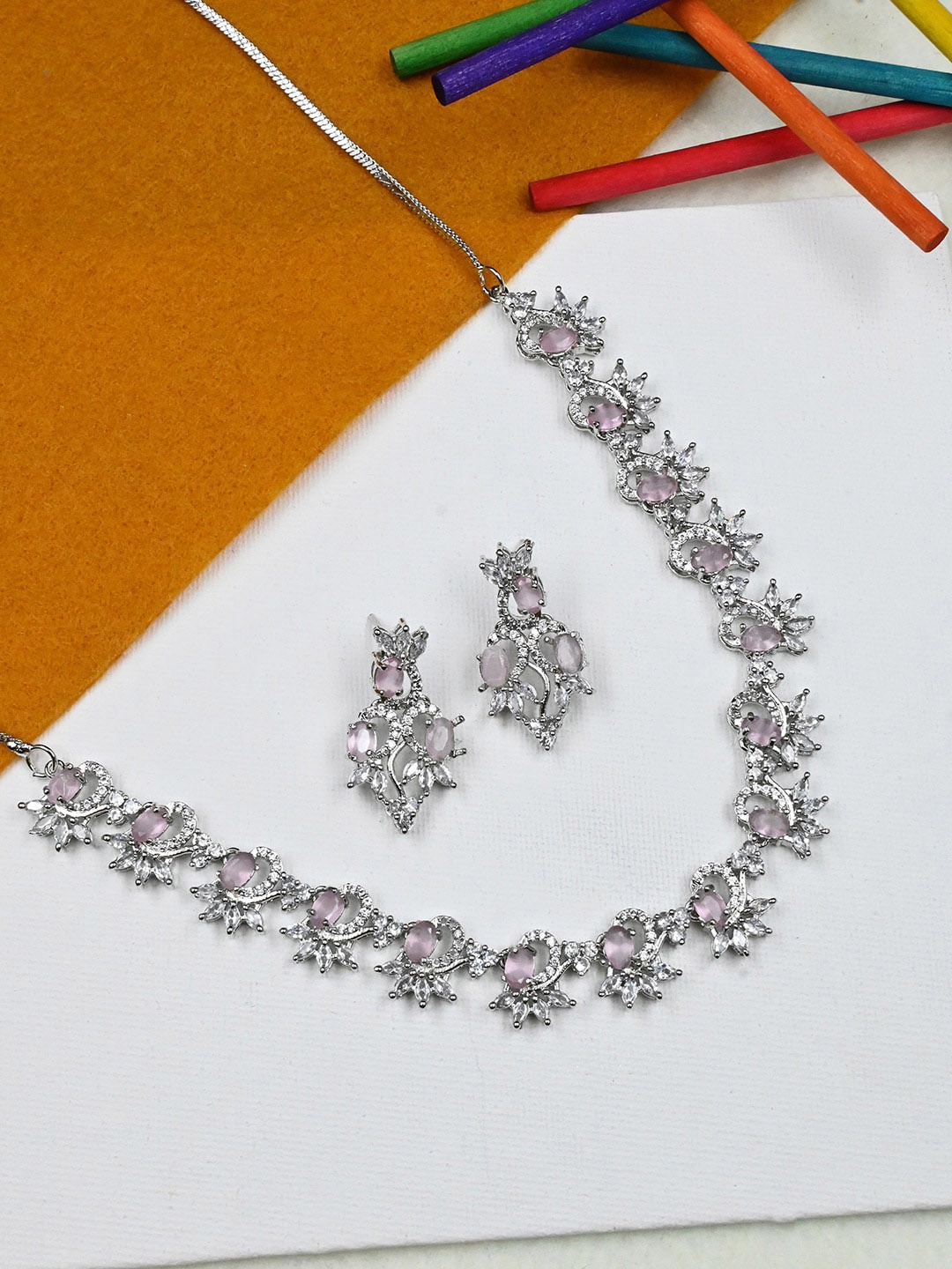 

StileAdda Silver-Plated CZ-Studded & Beaded Necklace & Earrings