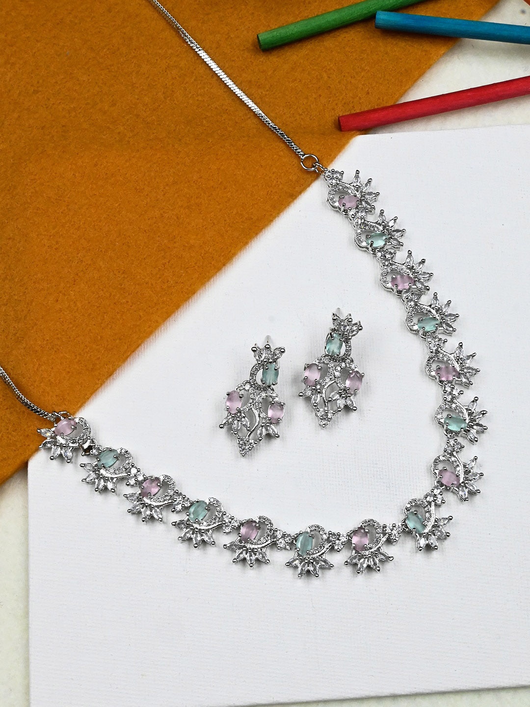 

StileAdda Silver-Plated AD-Studded & Beaded Necklace & Earrings