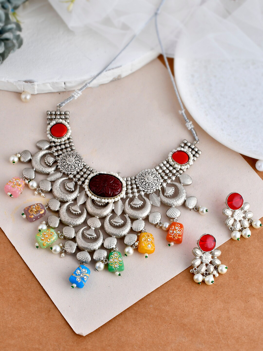 

Silvermerc Designs Silver-Plated Stones-Studded & Beaded Necklace & Earrings